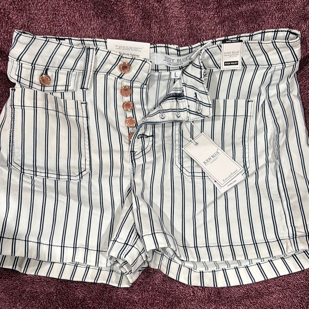 High Waist Blue White striped shorts